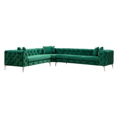 Γωνιακός καναπές με δεξιά γωνία pwf-0579 pakoworld τύπου chesterfield ύφασμα πράσινο 310/270x70εκ